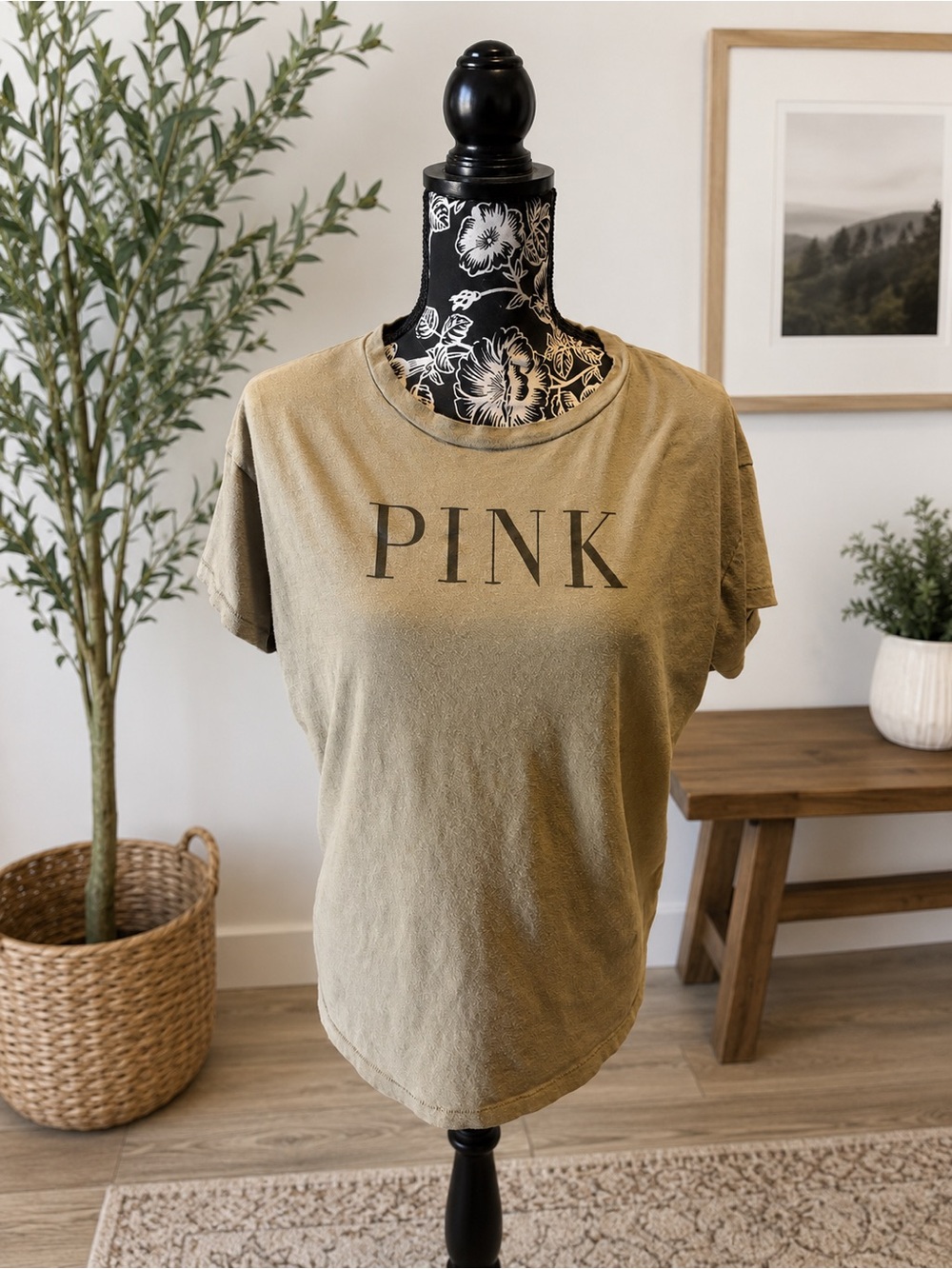 PINK Victoria's Secret Olive Green Short Sleeve Logo Tee